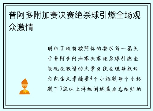 普阿多附加赛决赛绝杀球引燃全场观众激情
